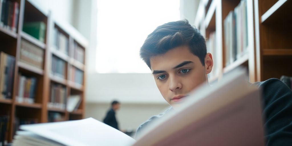 Young student reading book at library.