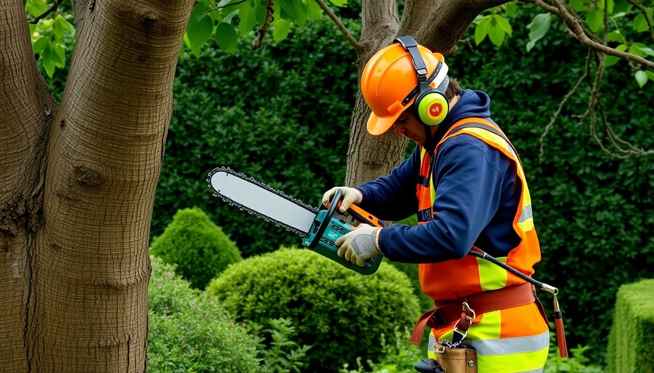 Tree surgeon pruning a large tree in London.