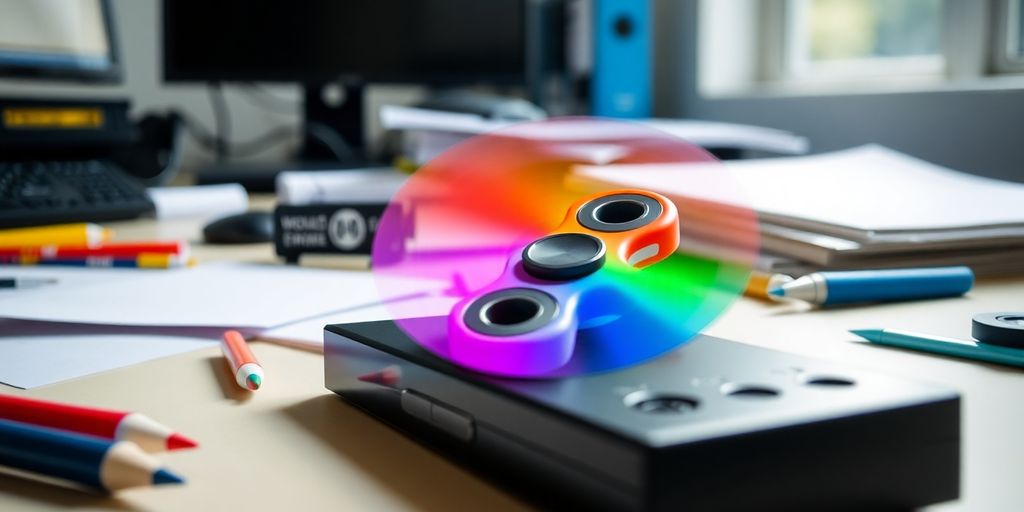 Colorful fidget spinner on a desk with office supplies.