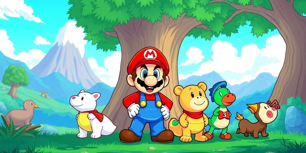 Mario and friends in a colorful, illustrative game scene.