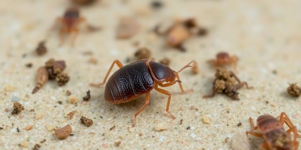 Close-up of a bed bug on a surface with dirt.