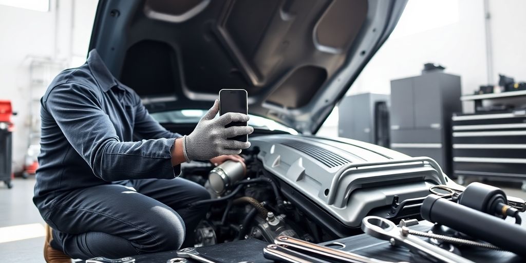 Mechanic holding smartphone by open car engine in sunlit garage.