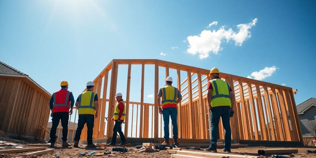 Construction crew working on a house.