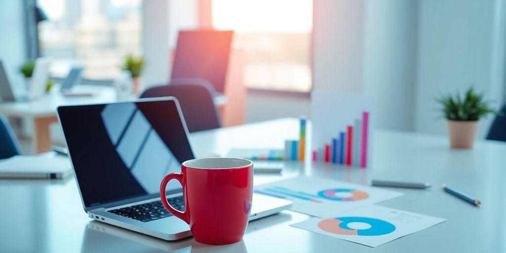 Bright office with laptop and coffee cup on desk.
