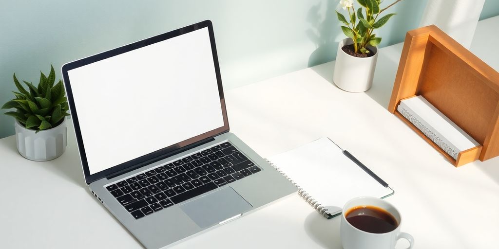 A cozy workspace with a laptop and coffee.