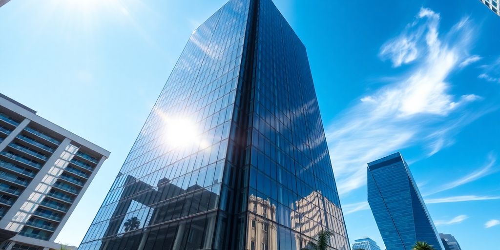 Modern office building facade against clear sky.