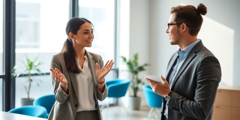 Vertrauensarbeitszeit und flexible Modelle: Ein Trend, der bleibt? Zwei Personen in einem modernen Büro, eine mit subtilen blauen Akzenten.