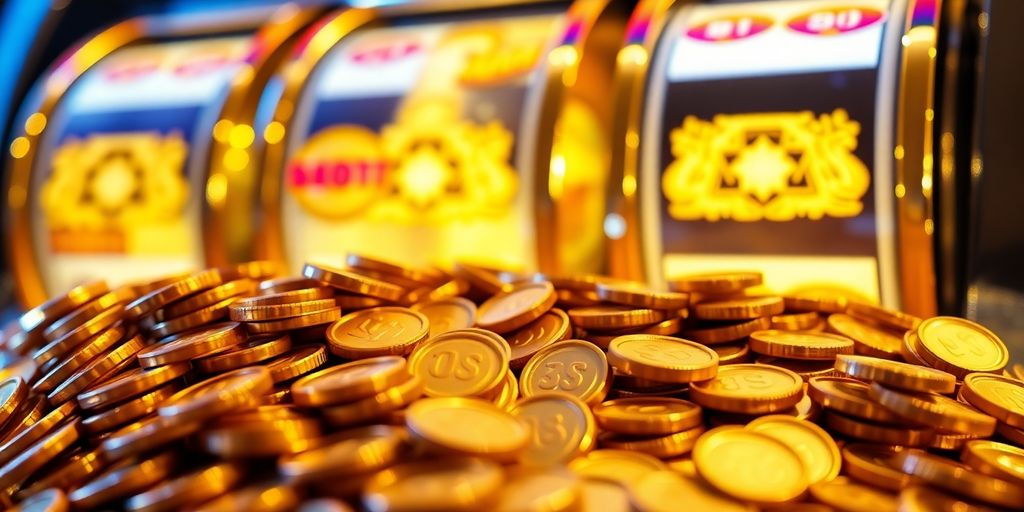 Golden slot machine reels with scattered coins.