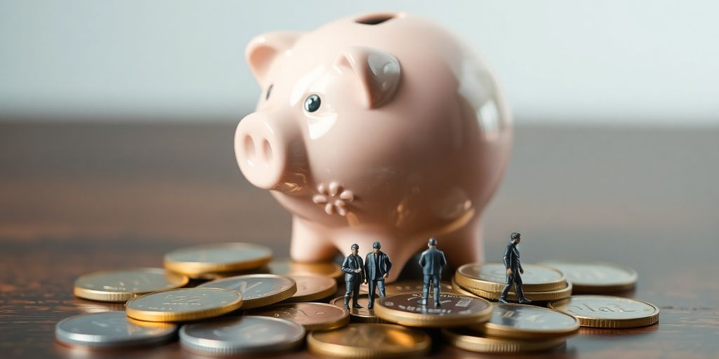 Piggy bank, coins, and tiny stock market figures.