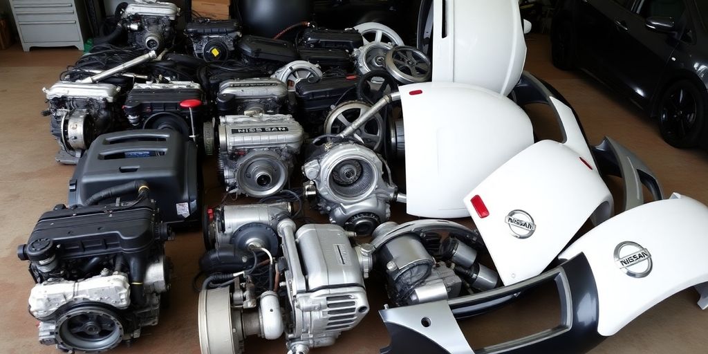 Nissan car parts laid out on a clean surface.