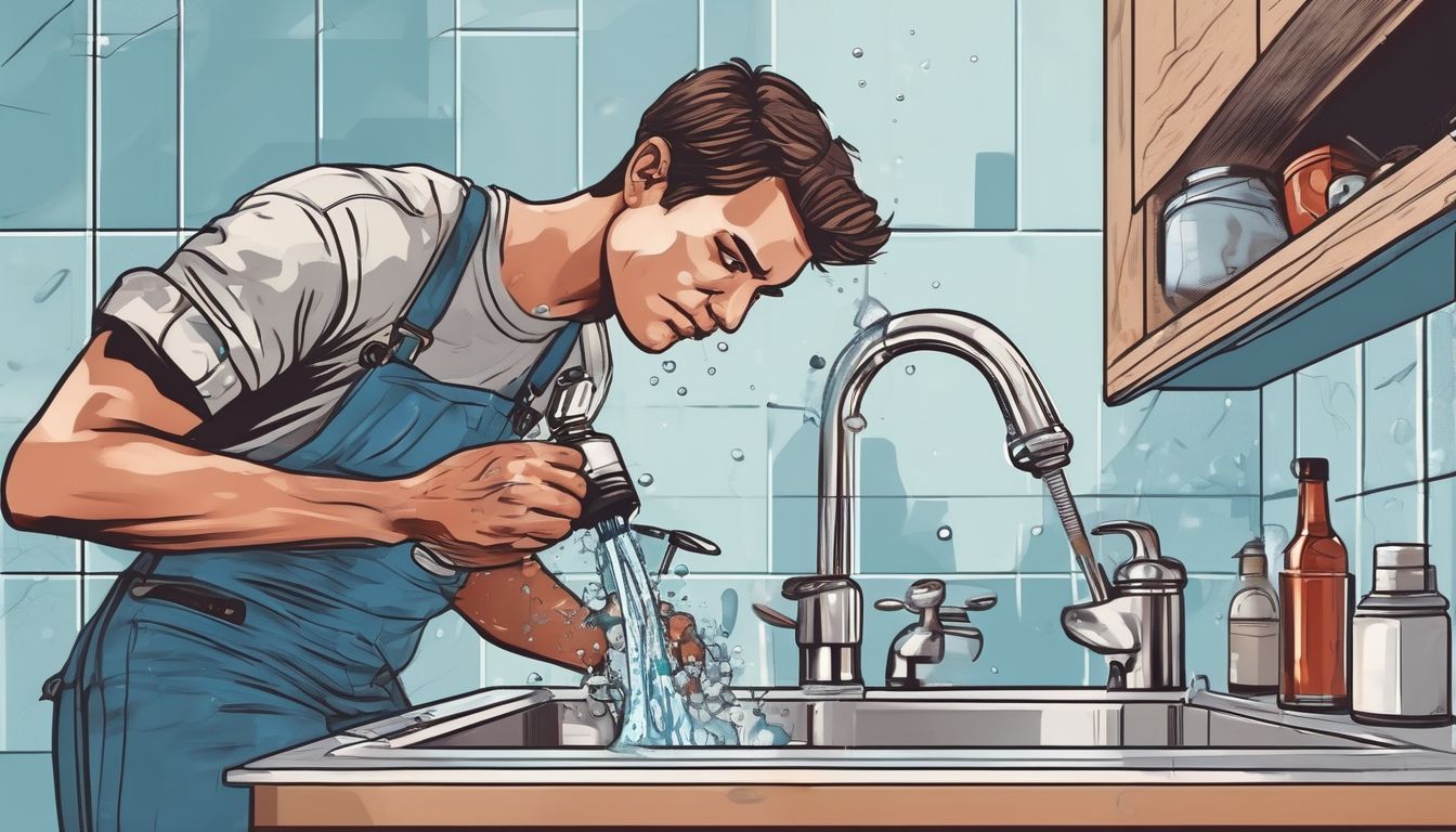 illustration of a person fixing a leaky faucet in a modern kitchen with different types of faucets in the background