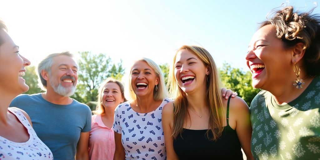 Een groep lachende mensen in een natuurlijke omgeving.