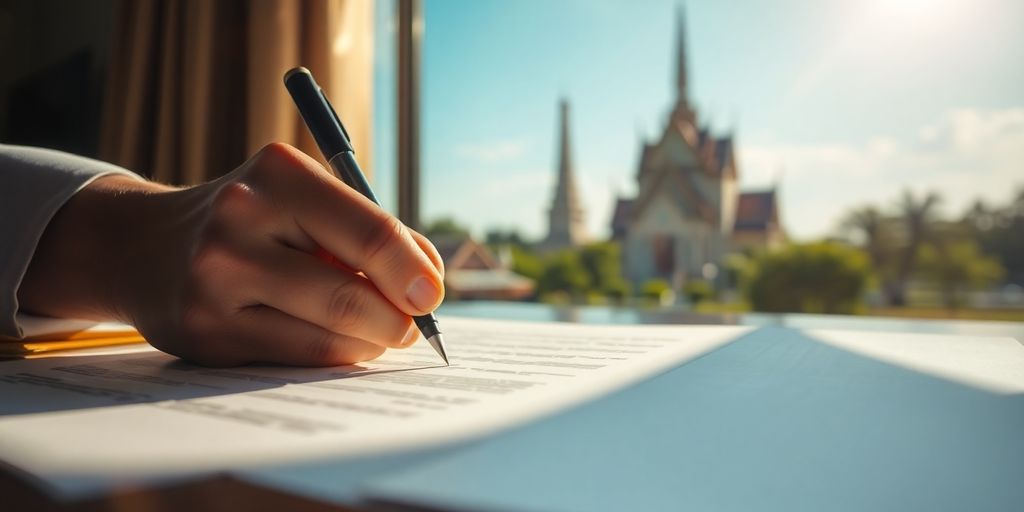 A hand signing a property deed with a Thai temple in the background.