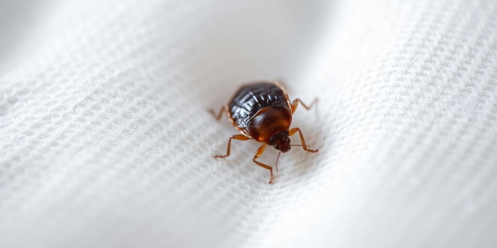 Close-up of a bed bug on a mattress.