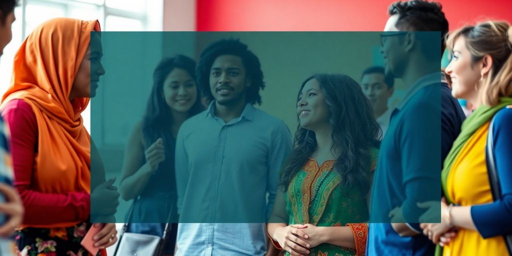 People from diverse cultures communicating in a vibrant setting.