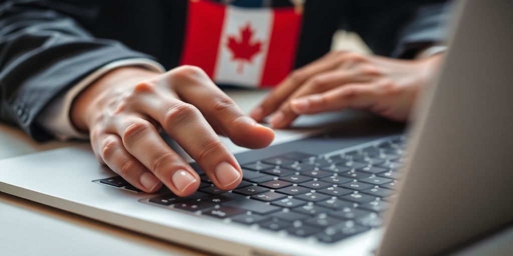 Canadian flag next to a professional's hand on a laptop.