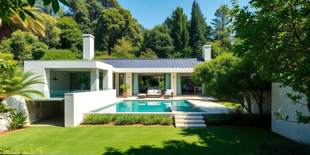 Keanu Reeves' house surrounded by lush greenery and modern design. Keanu Reeves' house surrounded by lush greenery and modern design.