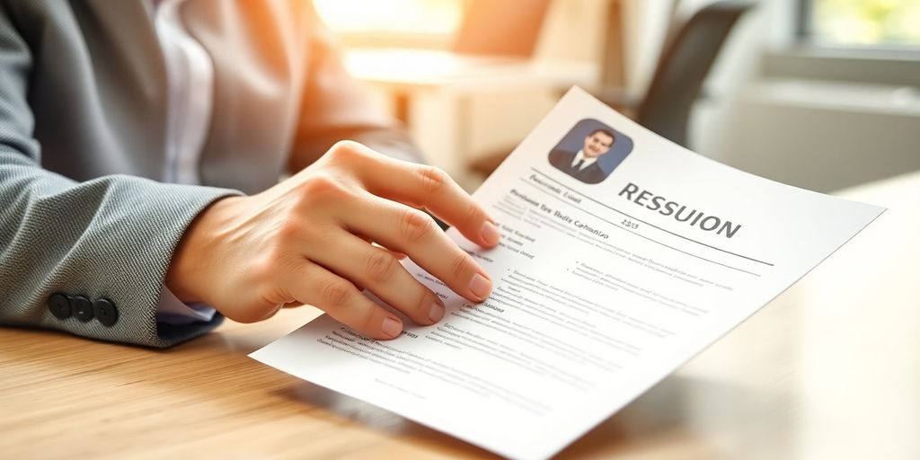 Person holding a resume, smiling, in an office