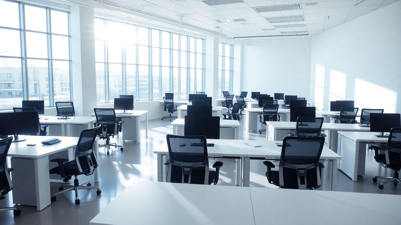 Leere Schreibtische in einem modernen Büro mit viel Tageslicht.