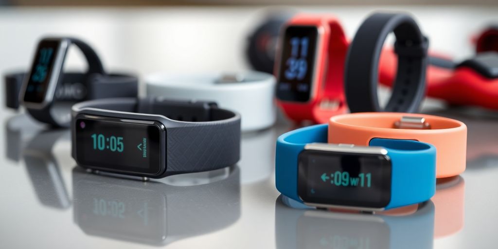 Verschiedene Fitness Tracker auf einem glatten Tisch.