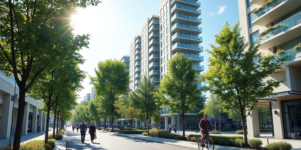 Green city street, modern buildings, trees