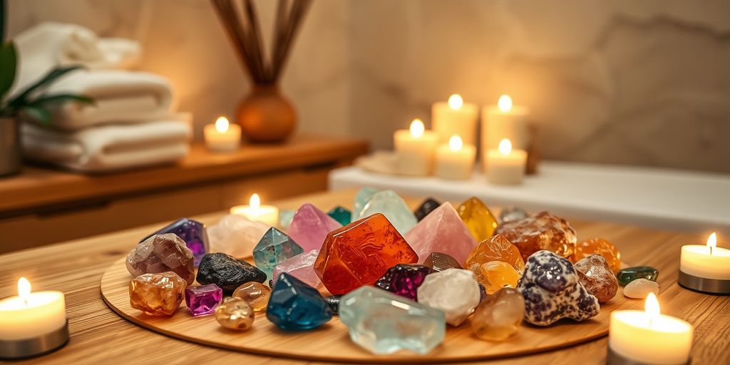 Cristalli colorati su tavolo di legno