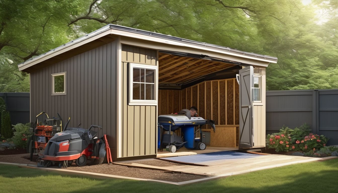 man performing shed maintenance in backyard