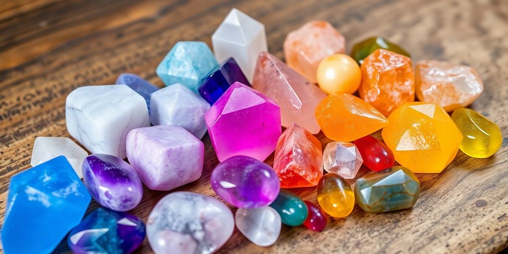Varie pietre cristalline su una superficie di legno.