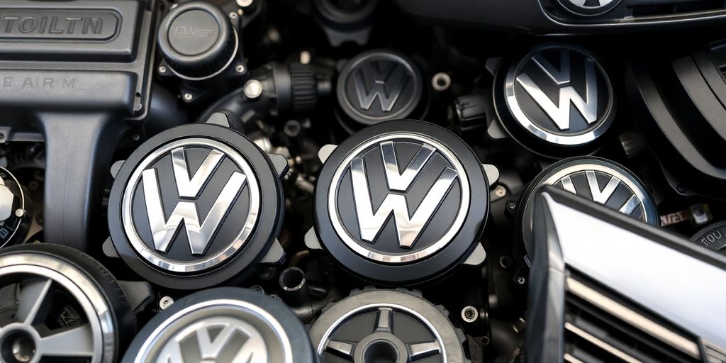 Volkswagen car parts arranged neatly.
