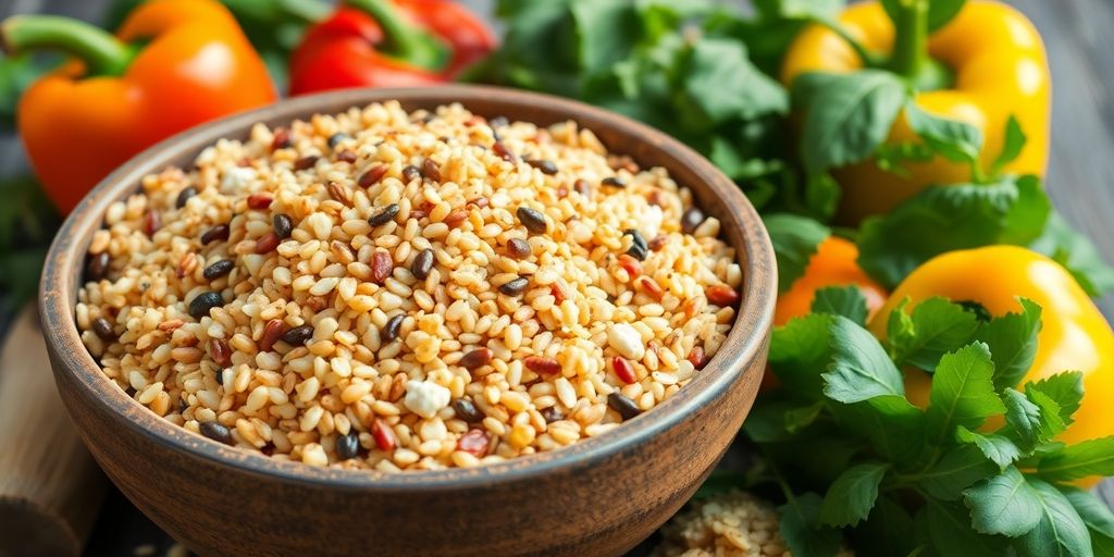 Colorful grains and vegetables in rustic bowls.