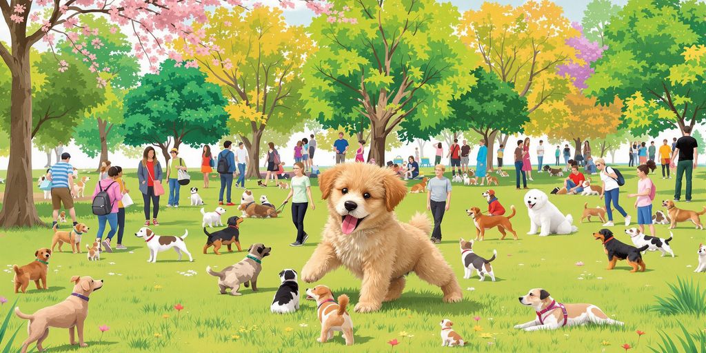 A puppy playing with other dogs in a park.