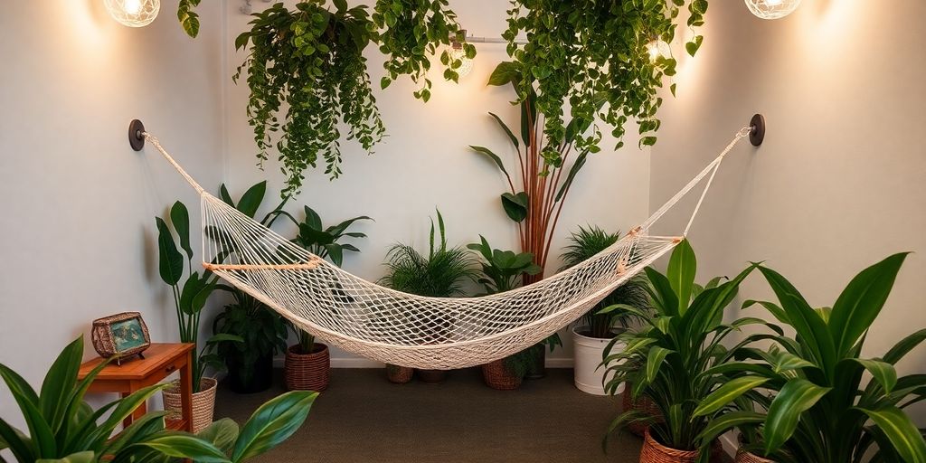 Cozy hammock in a vibrant, plant-filled work-free zone.