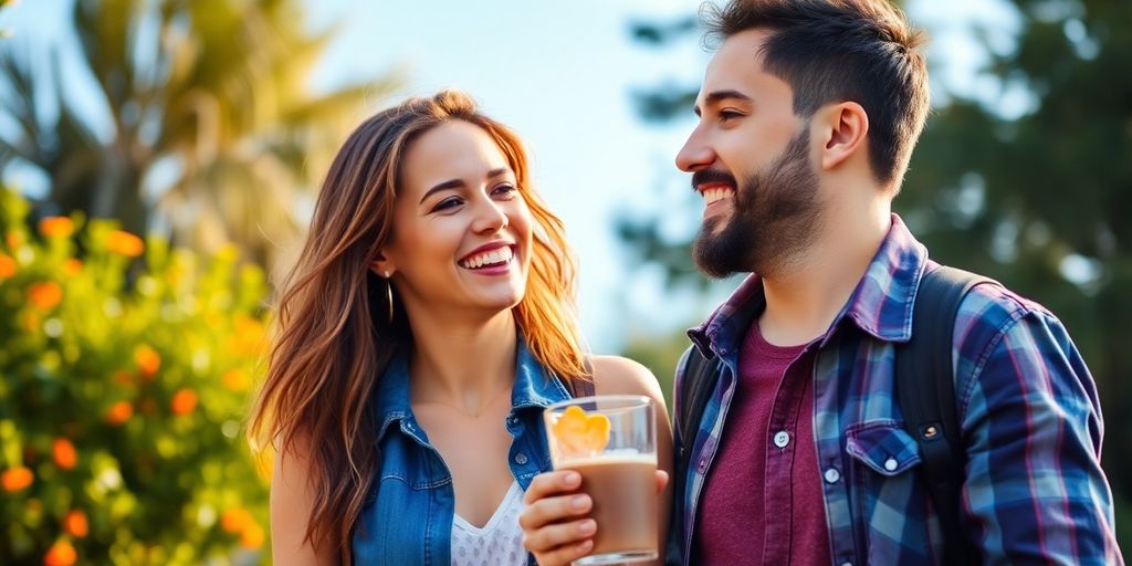 Couple smiling on a beach at sunset.
