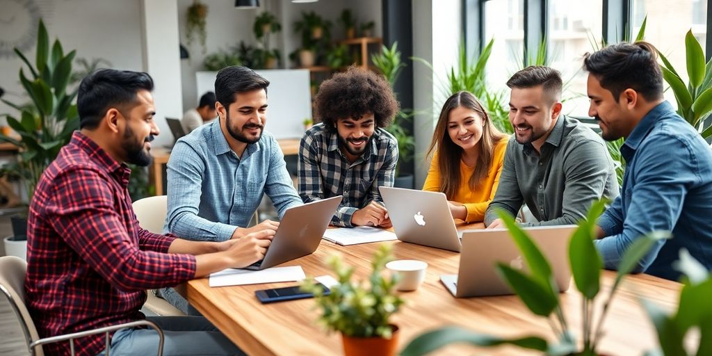 Diverse entrepreneurs collaborating in a modern workspace.
