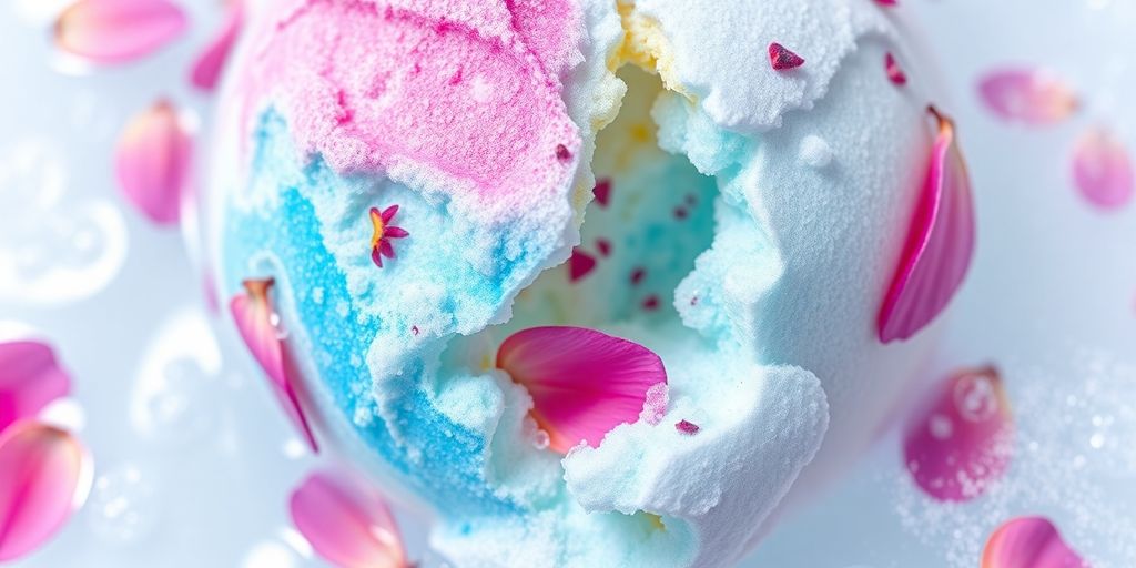 Colorful bath bomb with petals dissolving in water.