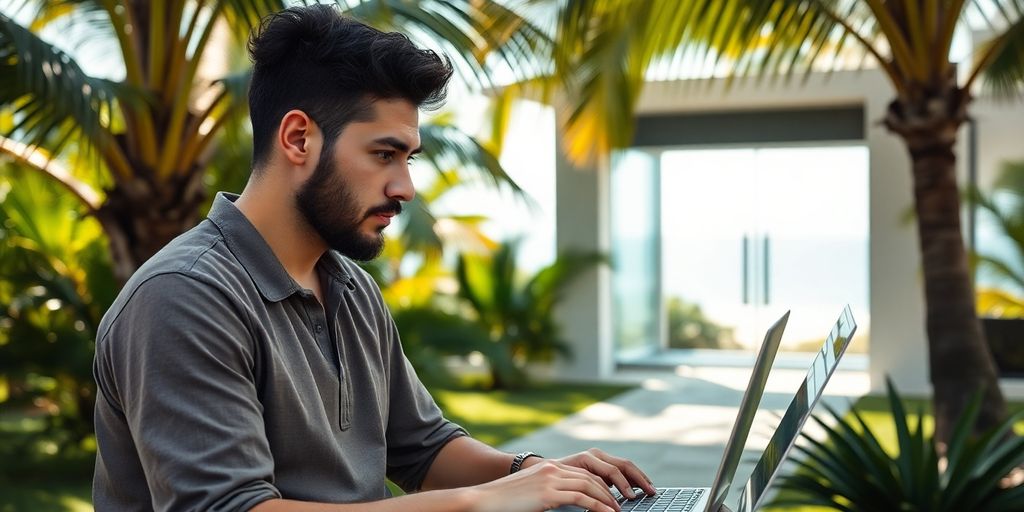 Digital nomad on laptop, tropical island clinic.
