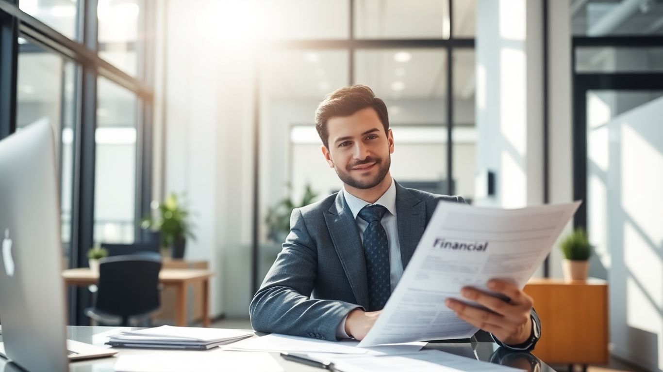 Professional reviewing financial documents in a sunlit office.
