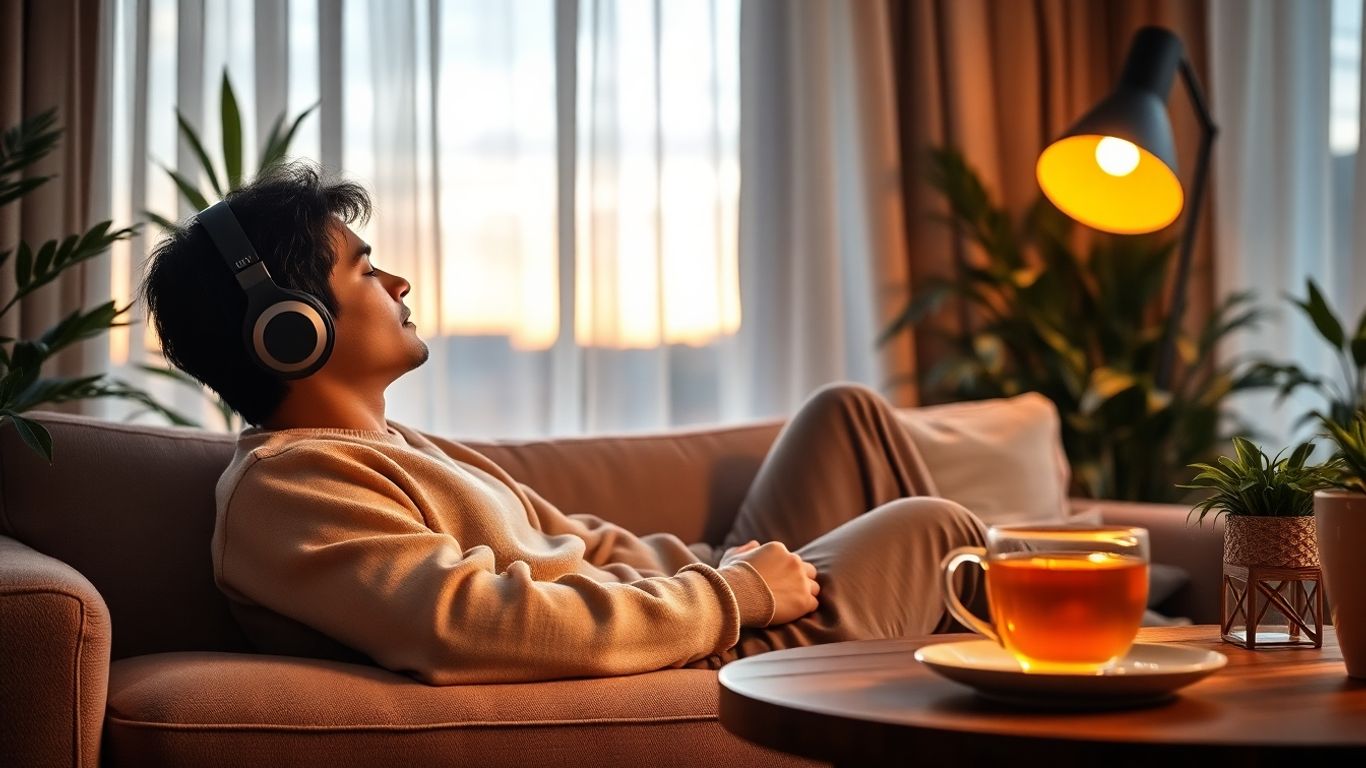 Person relaxing on sofa with headphones, warm light and plants.