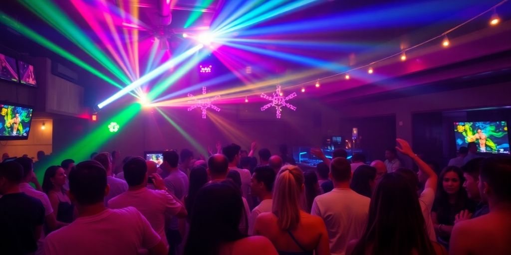 Vibrant Cabo nightclub scene with dancing crowds and glowing lights.