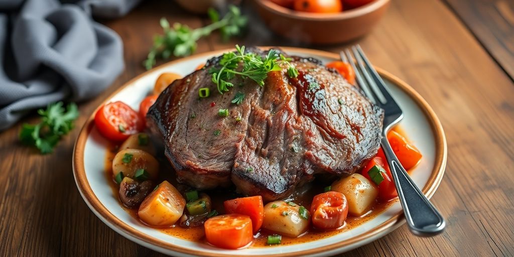 Plated chuck roast with vegetables on a wooden table.