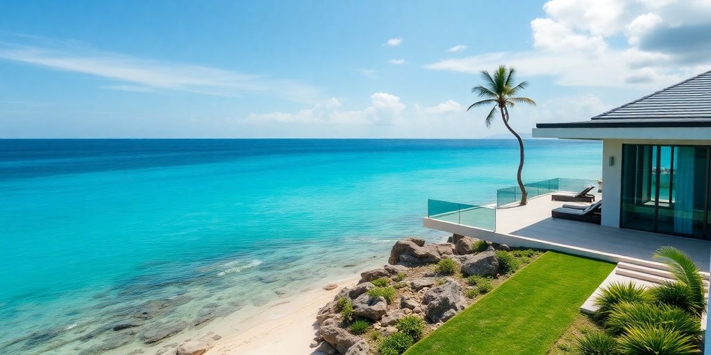 Phuket beach with modern villa overlay.