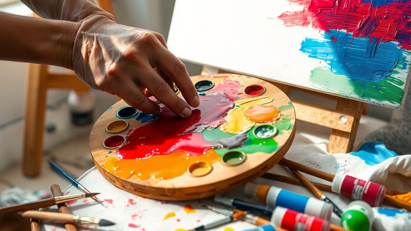 Artist mixing vivid paints on palette beside canvas under light.