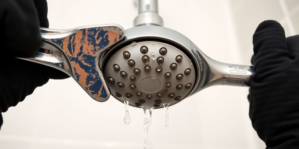 Person removing old shower head with wrench.