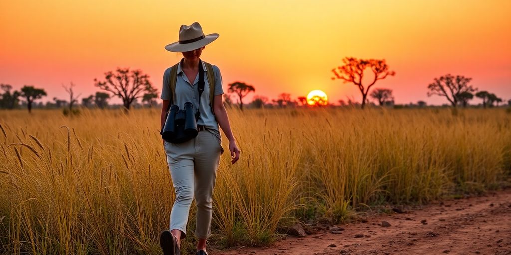 Tourist walking in Tanzanian safari.