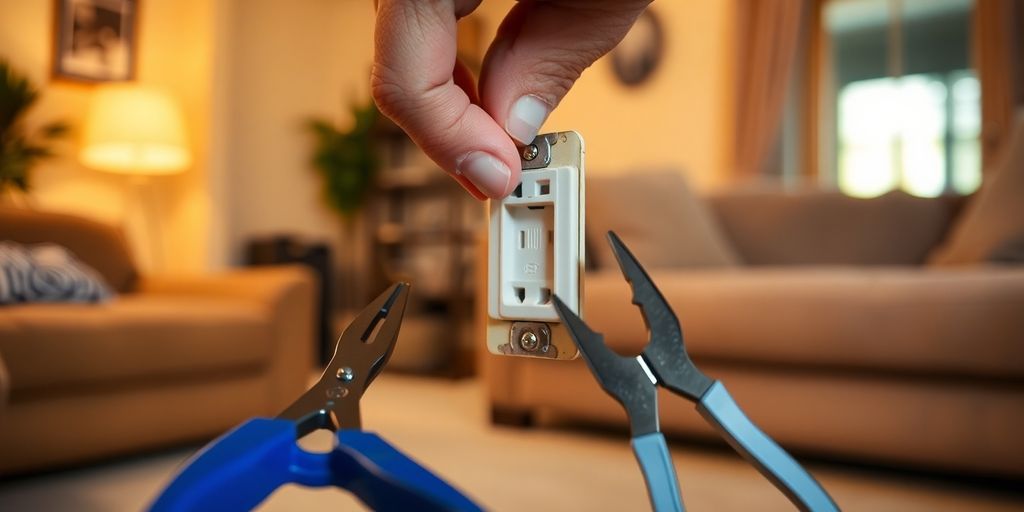 Homeowner fixing electrical outlet with tools in hand.