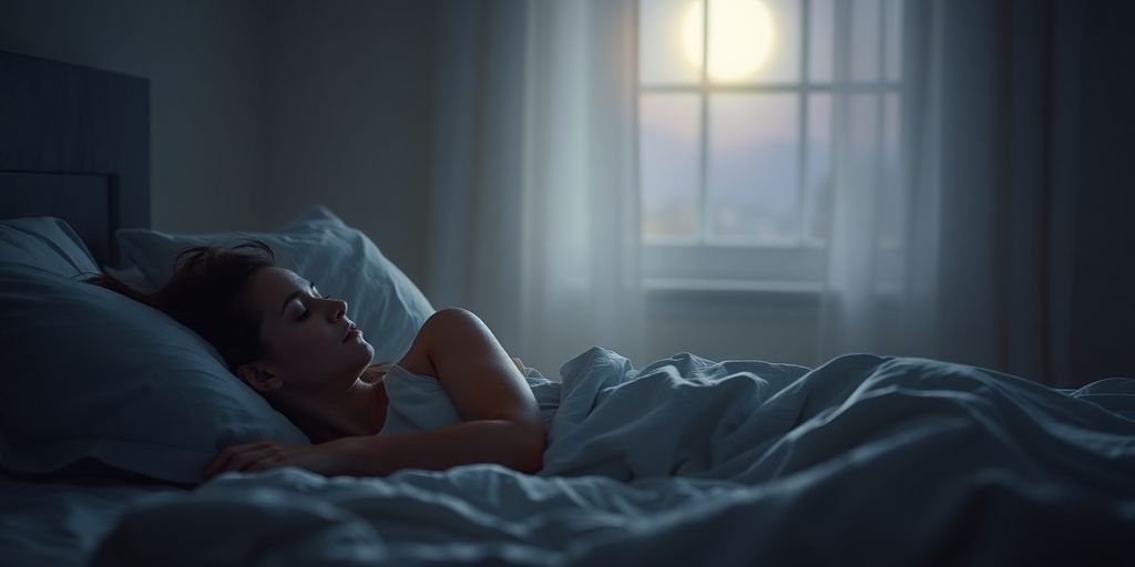 Woman peacefully sleeping in a dimly lit, cozy bedroom.