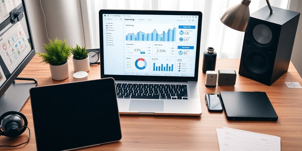 Modern office desk with digital devices and marketing dashboard.