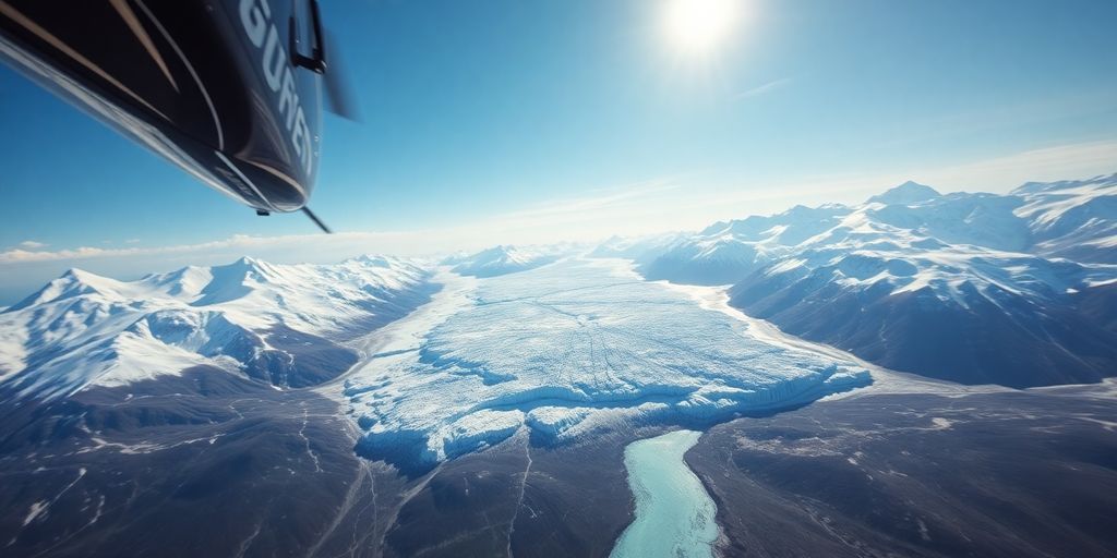 A helicopter flies over a vast, stunning Alaskan glacier.