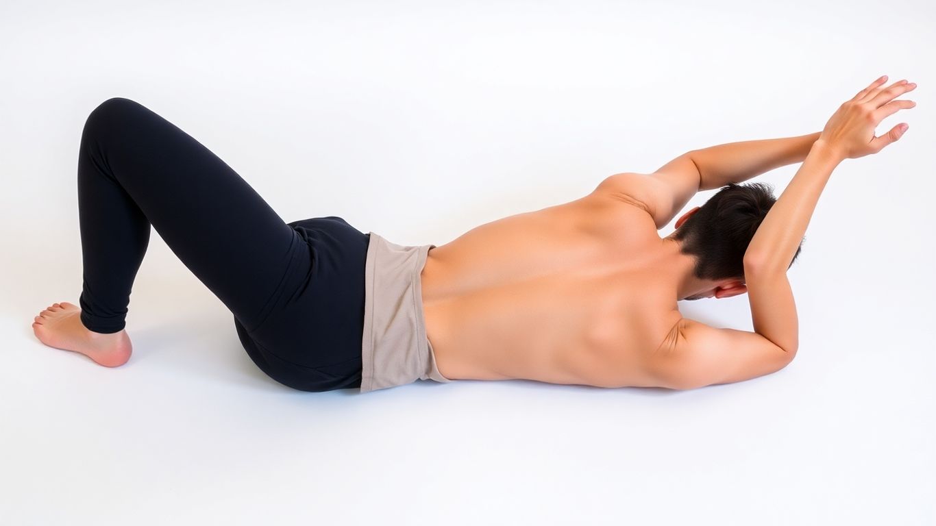 Person performing dead bug exercise, extending arm and opposite leg.