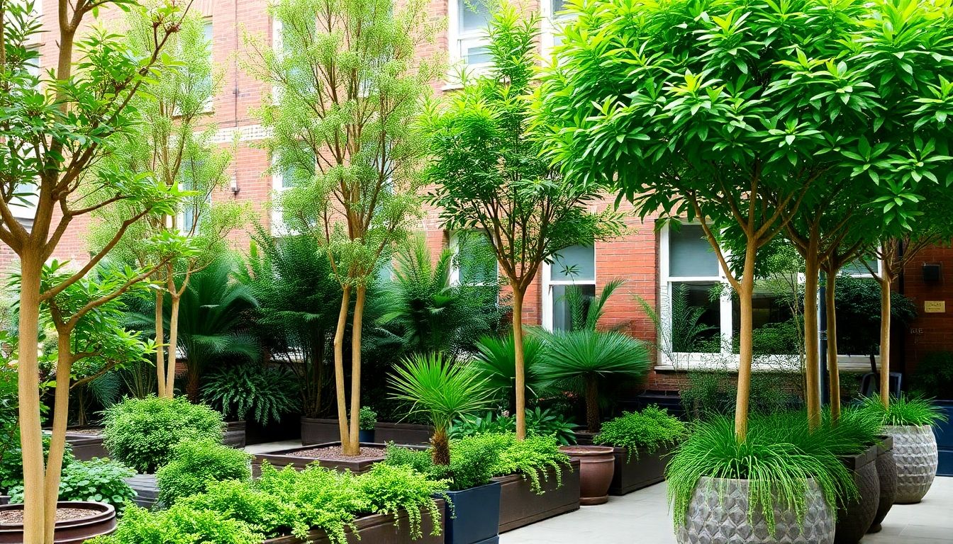 Urban garden with multi-stemmed trees and greenery.